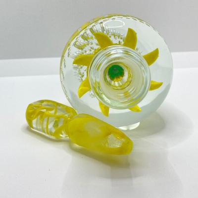 LOT 193: Vintage Yellow Art Glass Perfume Bottle and Cut Glass Hair Receiver