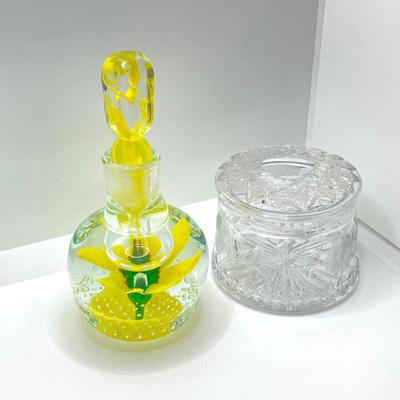 LOT 193: Vintage Yellow Art Glass Perfume Bottle and Cut Glass Hair Receiver
