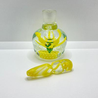 LOT 193: Vintage Yellow Art Glass Perfume Bottle and Cut Glass Hair Receiver