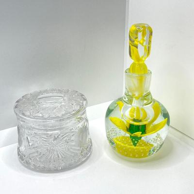 LOT 193: Vintage Yellow Art Glass Perfume Bottle and Cut Glass Hair Receiver