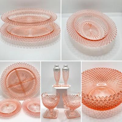LOT 196: Beautiful Pink Cut Glass Dinnerware Collection