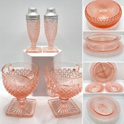 LOT 196: Beautiful Pink Cut Glass Dinnerware Collection