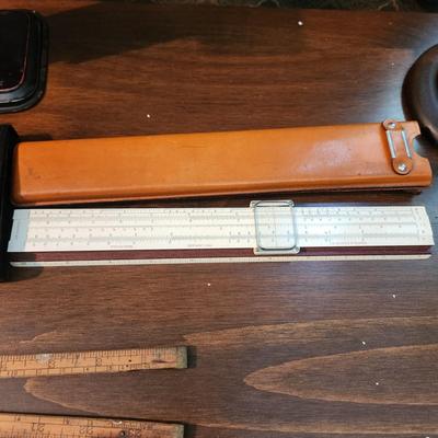 Collectible lot Ideal Postal Scale Slide Rule w case Folding Rulers , Vintage Nobema Drawing Instruments