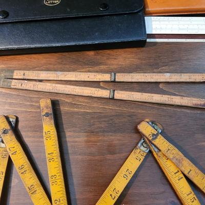 Collectible lot Ideal Postal Scale Slide Rule w case Folding Rulers , Vintage Nobema Drawing Instruments