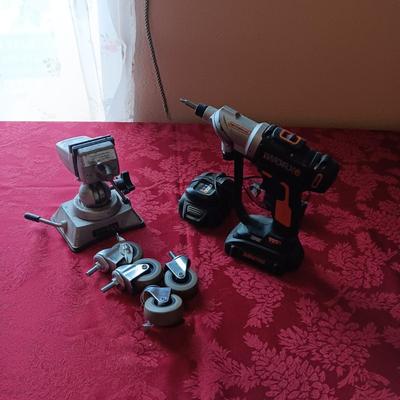 WORX 20V CORDLESS DRILL WITH CHARGER AND 2 BATTERIES. PANAVISE & CASTERS