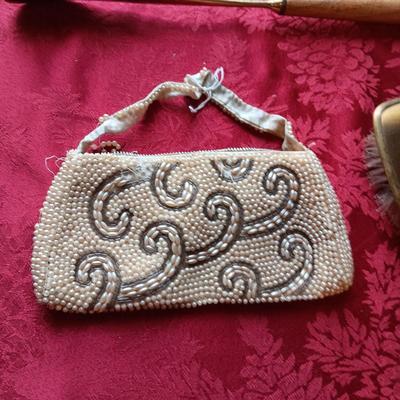 VINTAGE BEADED PURSE IN NEED OF REPAIR, OLD HAIR BRUSHES, DUCK HEAD SHOE HORN AND OLD AVON PERFUME