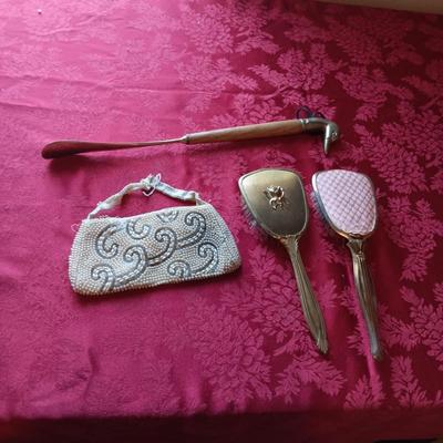 VINTAGE BEADED PURSE IN NEED OF REPAIR, OLD HAIR BRUSHES, DUCK HEAD SHOE HORN AND OLD AVON PERFUME