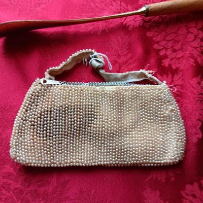 VINTAGE BEADED PURSE IN NEED OF REPAIR, OLD HAIR BRUSHES, DUCK HEAD SHOE HORN AND OLD AVON PERFUME