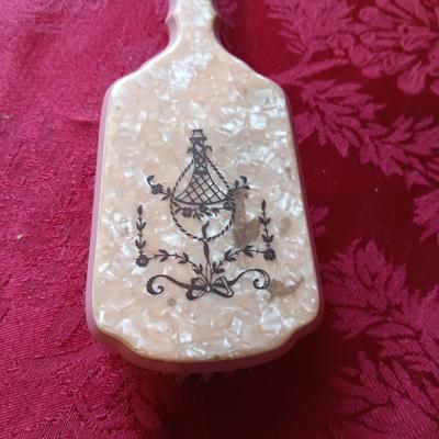 VINTAGE BEADED PURSE IN NEED OF REPAIR, OLD HAIR BRUSHES, DUCK HEAD SHOE HORN AND OLD AVON PERFUME