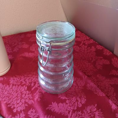 2 RIBBED GLASS JARS MADE IN ITALY, CERAMIC MILK CONTAINER AND SOME SKELETON KEYS
