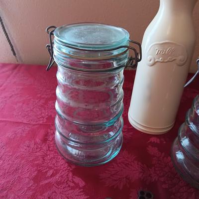 2 RIBBED GLASS JARS MADE IN ITALY, CERAMIC MILK CONTAINER AND SOME SKELETON KEYS
