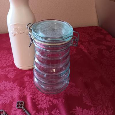 2 RIBBED GLASS JARS MADE IN ITALY, CERAMIC MILK CONTAINER AND SOME SKELETON KEYS