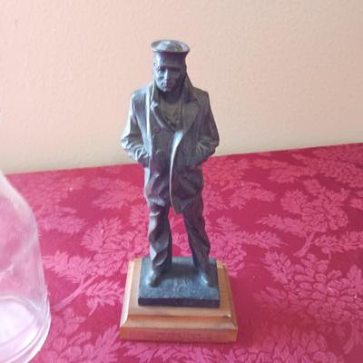 BRONZE "THE LONE SAILOR" STATUE, CARVED WOODEN BOX AND GLASS MOTOR OIL BOTTLE