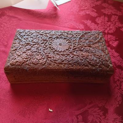 BRONZE "THE LONE SAILOR" STATUE, CARVED WOODEN BOX AND GLASS MOTOR OIL BOTTLE