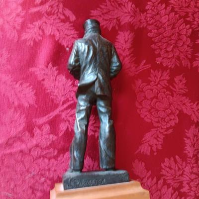 BRONZE "THE LONE SAILOR" STATUE, CARVED WOODEN BOX AND GLASS MOTOR OIL BOTTLE