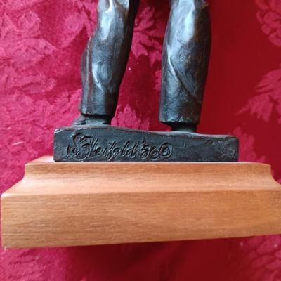 BRONZE "THE LONE SAILOR" STATUE, CARVED WOODEN BOX AND GLASS MOTOR OIL BOTTLE