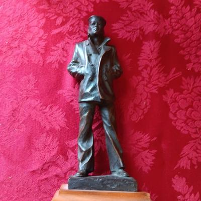 BRONZE "THE LONE SAILOR" STATUE, CARVED WOODEN BOX AND GLASS MOTOR OIL BOTTLE