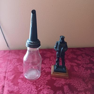 BRONZE "THE LONE SAILOR" STATUE, CARVED WOODEN BOX AND GLASS MOTOR OIL BOTTLE