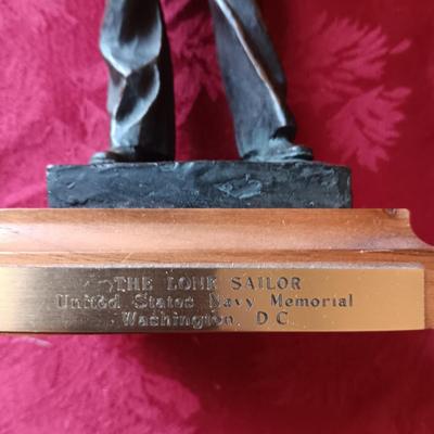 BRONZE "THE LONE SAILOR" STATUE, CARVED WOODEN BOX AND GLASS MOTOR OIL BOTTLE