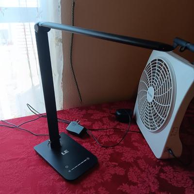 LE ADJUSTABLE LIGHT, TABLETOP FAN AND A SURGE BOX