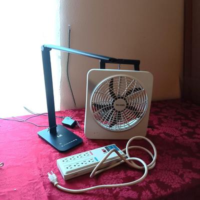 LE ADJUSTABLE LIGHT, TABLETOP FAN AND A SURGE BOX