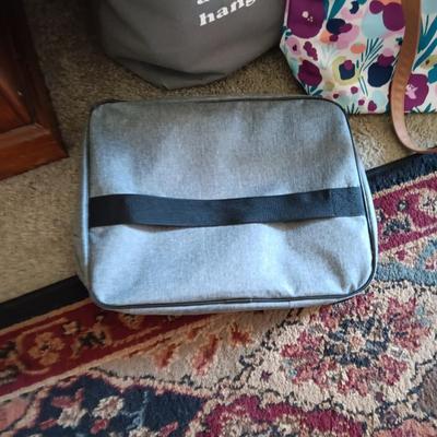 STORAGE TOTE WITH CLAM SHELL LID, GROCERY BAGS AND OTHER CARRY BAGS