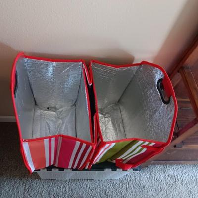 STORAGE TOTE WITH CLAM SHELL LID, GROCERY BAGS AND OTHER CARRY BAGS