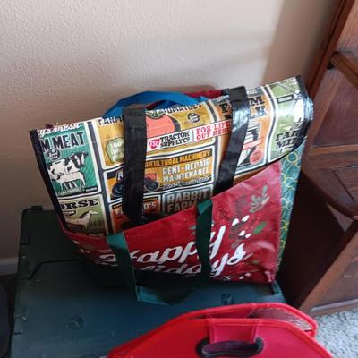 STORAGE TOTE WITH CLAM SHELL LID, GROCERY BAGS AND OTHER CARRY BAGS