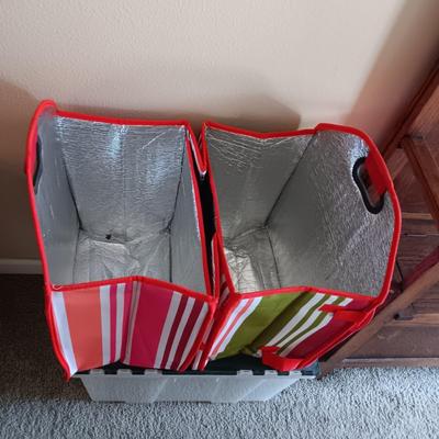 STORAGE TOTE WITH CLAM SHELL LID, GROCERY BAGS AND OTHER CARRY BAGS