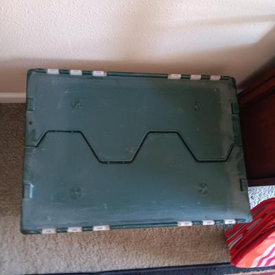 STORAGE TOTE WITH CLAM SHELL LID, GROCERY BAGS AND OTHER CARRY BAGS