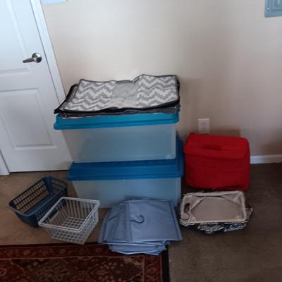 2 LARGER STORAGE TOTES, 6 SWEATER BAGS, CLOSET ORGANIZERS AND MORE