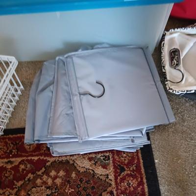 2 LARGER STORAGE TOTES, 6 SWEATER BAGS, CLOSET ORGANIZERS AND MORE