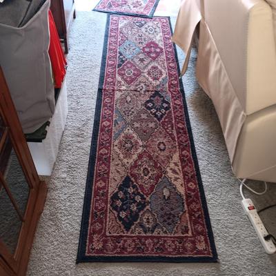 MATCHING 3 HALL RUNNERS, THROW RUG AND A SMALLER AREA RUG