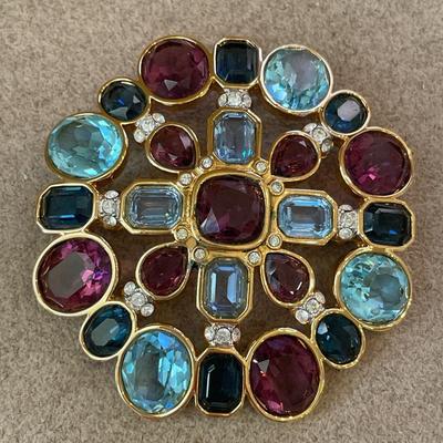 Large signed Swarovski multicolor crystal brooch