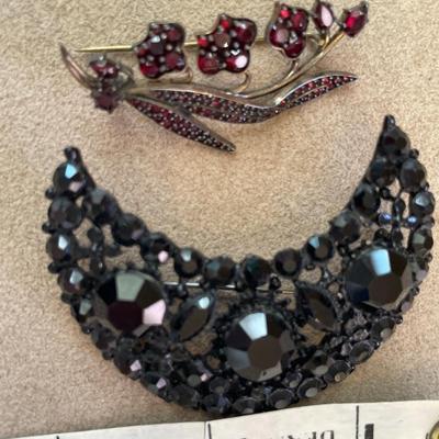 Dark tone, unsigned, brooches, and Emmons clip on earrings