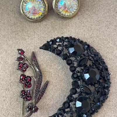 Dark tone, unsigned, brooches, and Emmons clip on earrings