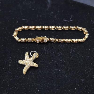 CZ Tennis Bracelet marked 925 & Starfish Charm marked 925