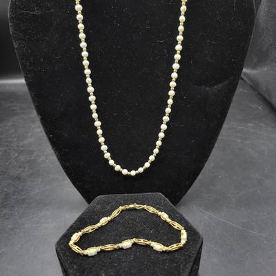 TDU102 10kt Gold & Opal Station Bracelet, Pearl Necklace with 14kt Gold Clasp