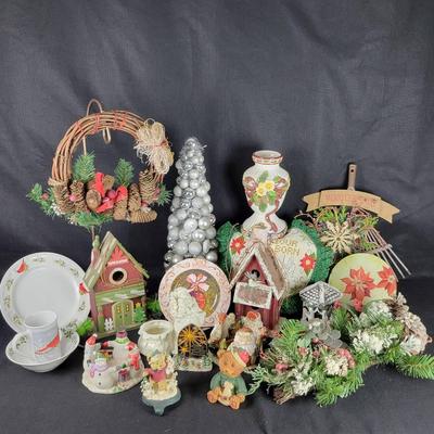 Lovely Collection of Christmas Decor: Plates, Ball Tree, Santa Planter, Candle Stand, etc