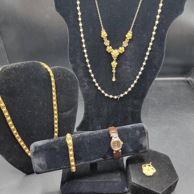Vintage Jewelry: Gold Plated Pendant, Timex Watch, Avon Set, Etc