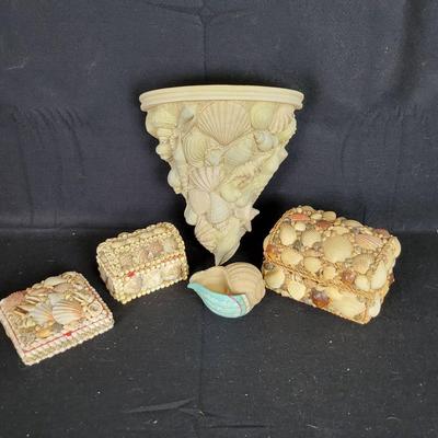 Shell Design Wall Shelf, Candle Holder & (3) Shell Covered Souvenir Boxes