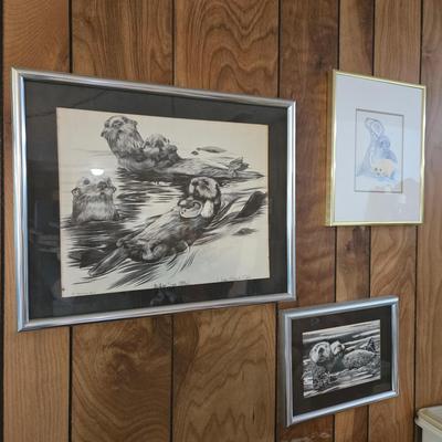 James Orlando Ogle Signed Penciled Drawing "Monterey Sea Otters" & Otter Print by Andrew Kozak, etc
