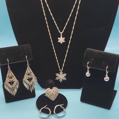 Sterling Silver Jewelry: Snowflake Neclaces, Heart Ring, Earrings
