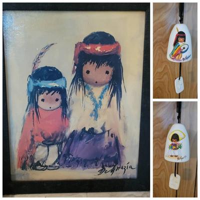 DeGrazia Originals:Pair Of Vintage Hand Painted Sandstone Wind Chimes & Framed Canvas