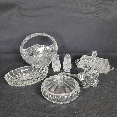 CHA254 Beautiful Crystal: Durand Salt/Pepper, Flower Basket, Butter Dish, Etc