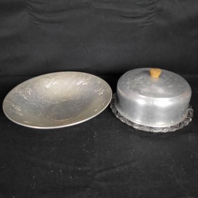 Vintage West Bend Aluminum Bowl, Glass Cake Plate w/Aluminum Cover