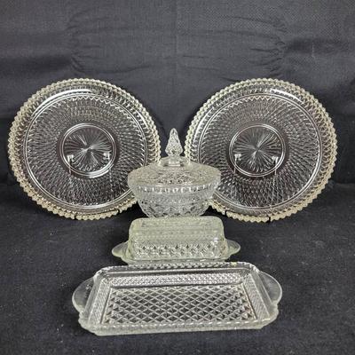 CHA257 (2) Indiana Glass Diamond Point Clear Platters, Anchor Hocking Wexford 