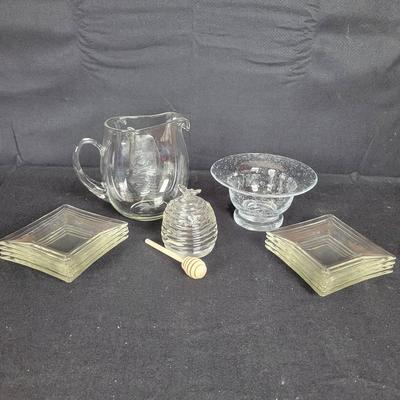 CHA259 Assorted Glassware: Mouth Blown Pitcher, Honey Pot, Square Dessert Plates, Etc