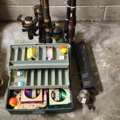 CHA284 Assorted Rods & Reels, Tackle Box, Storage