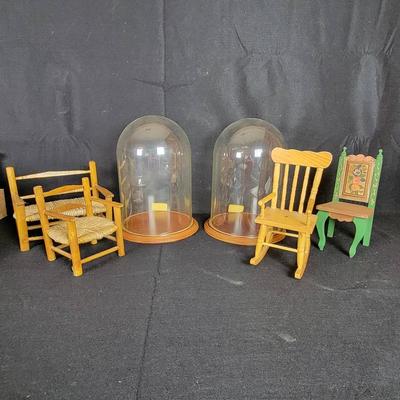 CHA316 (2) Glass Cloches With Wooden Bases, Assorted Doll Furniture 